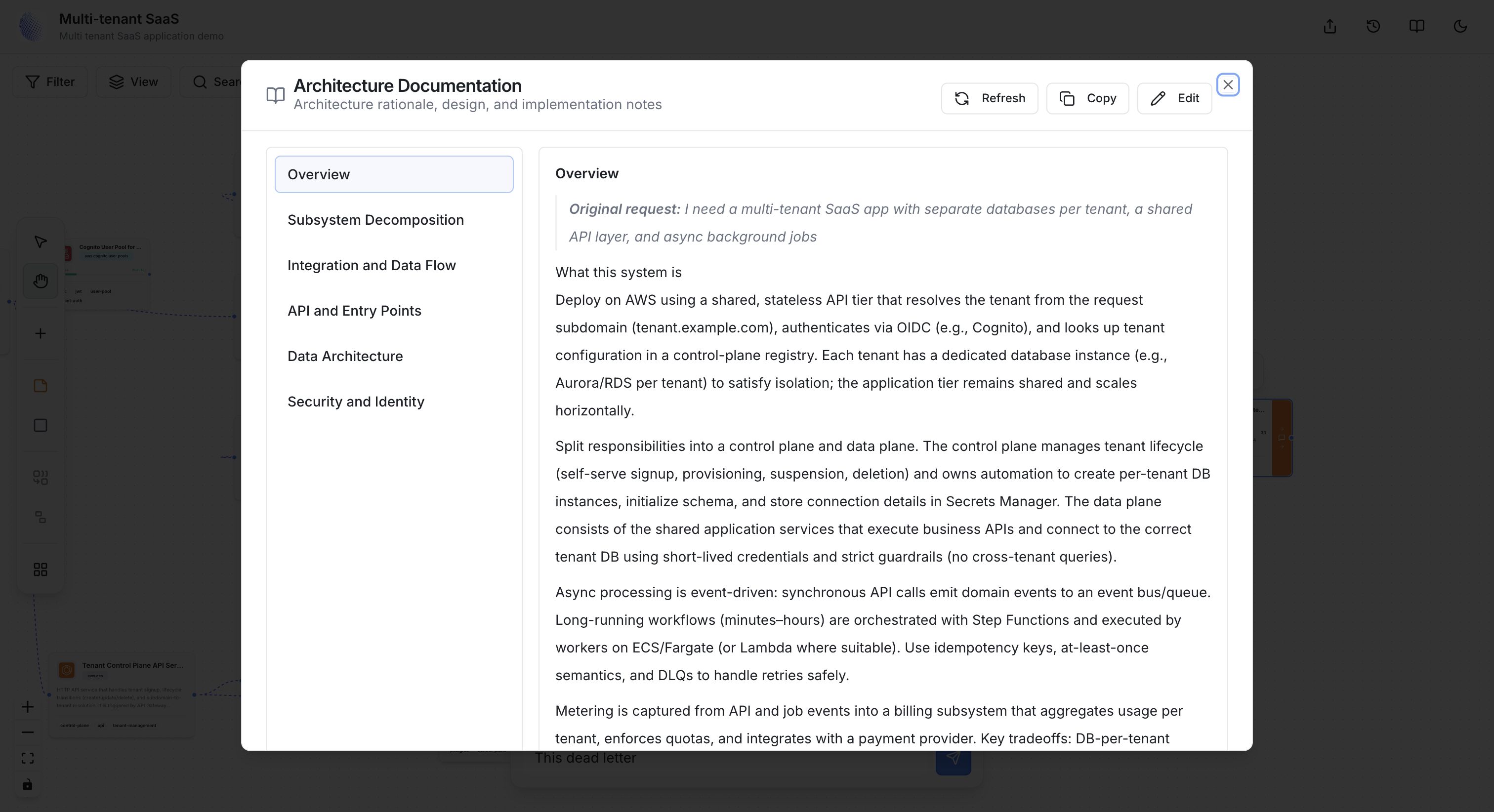 Grafica architecture documentation view showing generated rationale, design notes, and implementation sections.