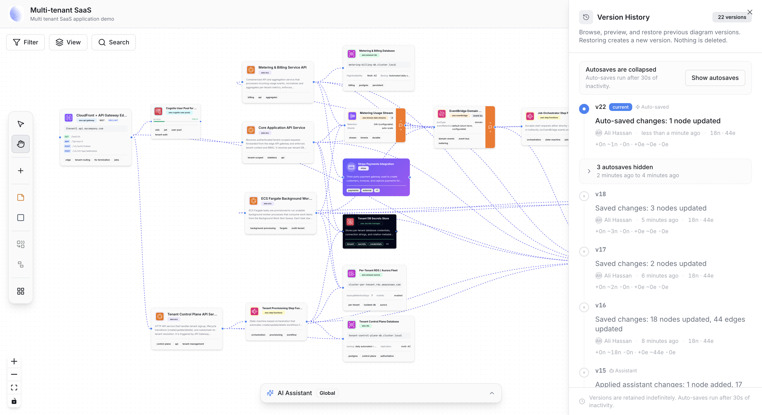 Grafica version history view showing saved blueprint snapshots.